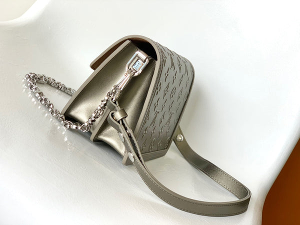 LV Dauphine Bag 20cm Metallic Sliver Monogram Embossed Cafskin