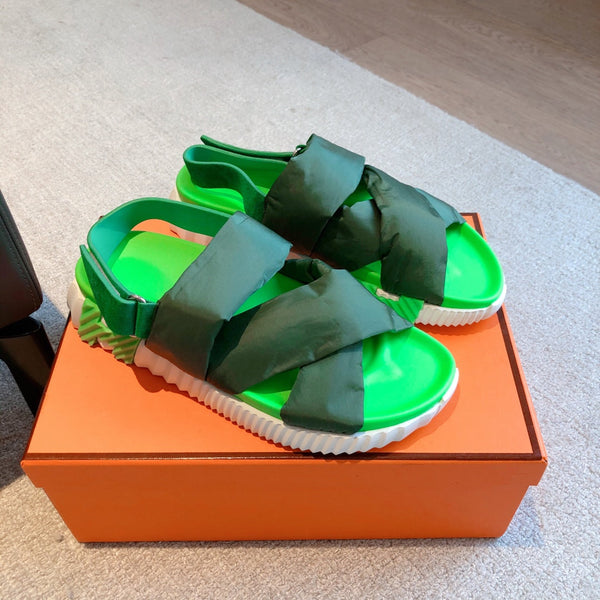 HM ELECTRIC SANDAL DARK GREEN FABRIC AND CALFSKIN