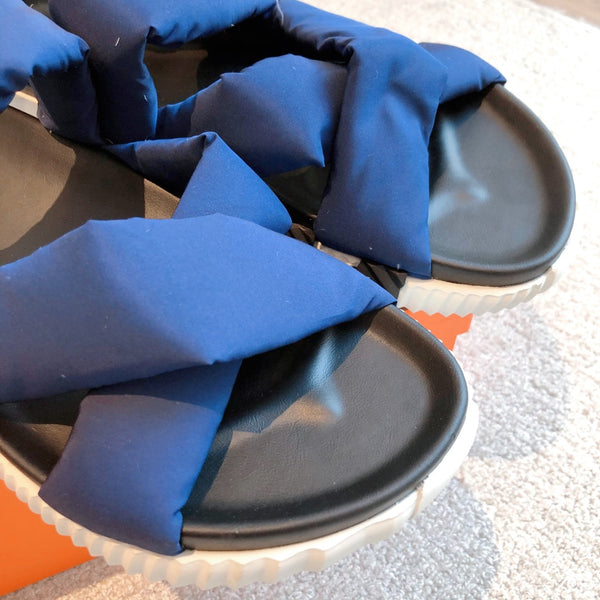 HM ELECTRIC SANDAL COBALT FABRIC AND CALFSKIN