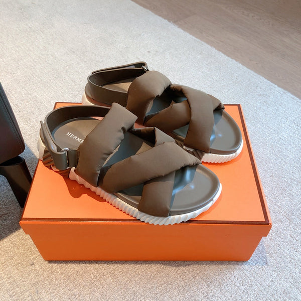 HM ELECTRIC SANDAL BROWN FABRIC AND CALFSKIN