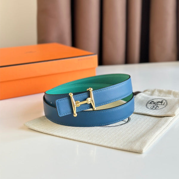 HM Gold Mors H buckle & Reversible 24 mm belt Blue Green leather 125357