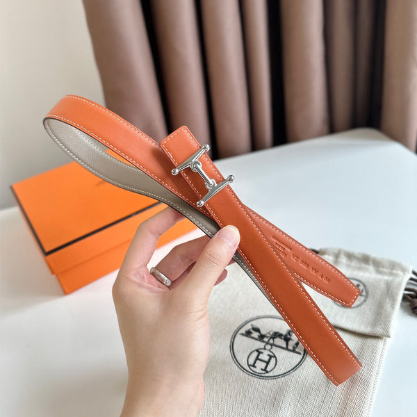 HM Silver Mors H buckle & Reversible 24 mm belt Orange Beige leather 125356
