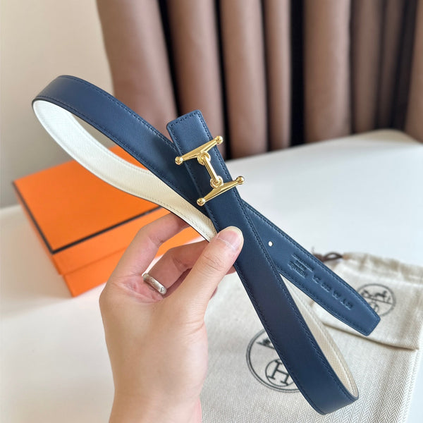 HM Gold Mors H buckle & Reversible 24 mm belt Blue Beige leather 125365