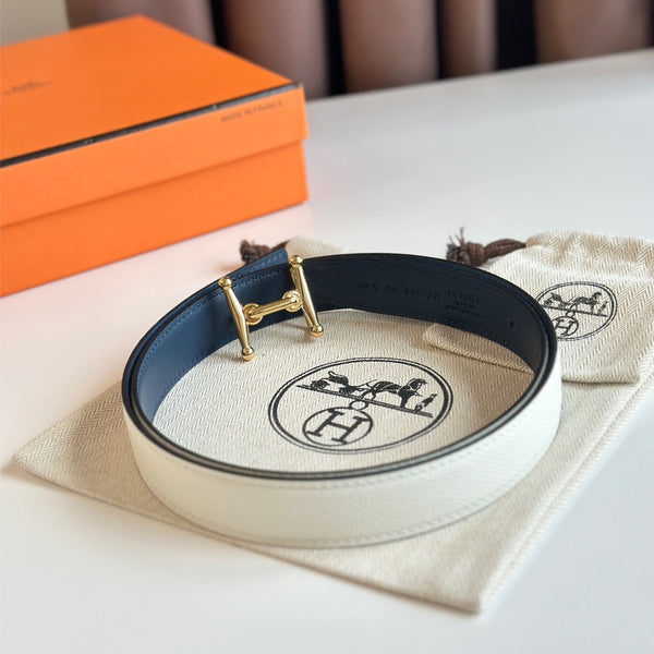 HM Gold Mors H buckle & Reversible 24 mm belt Blue Beige leather 125365