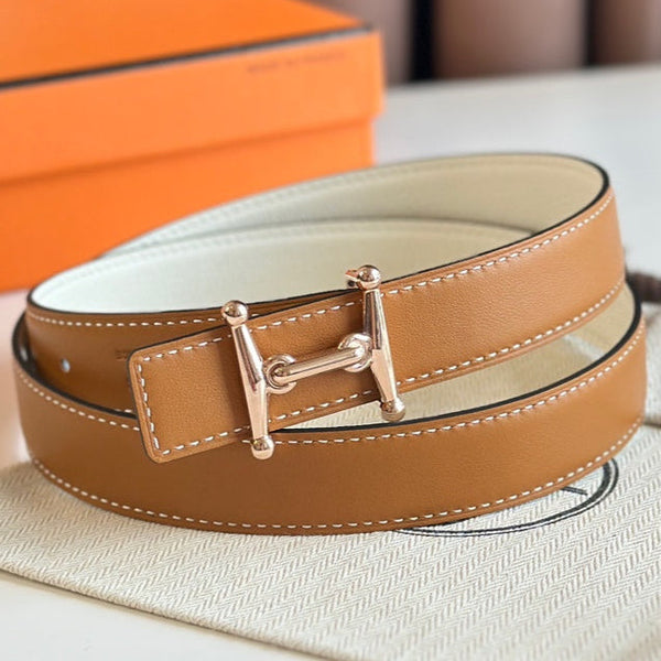 HM Pink Gold Mors H buckle & Reversible 24 mm belt Brown White leather 125363