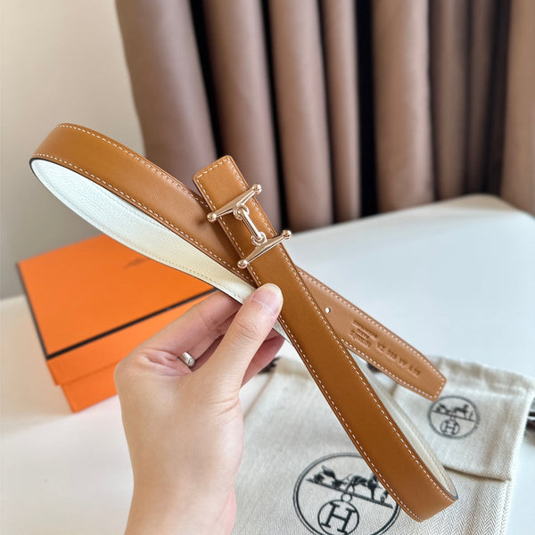 HM Pink Gold Mors H buckle & Reversible 24 mm belt Brown White leather 125363