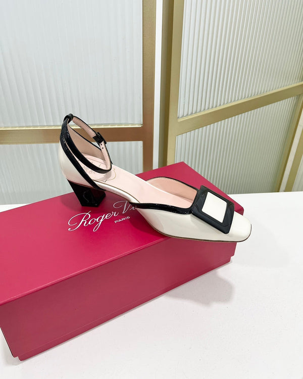 Trompette Metal Buckle Slingback Pump 45 Black White Patent Leather