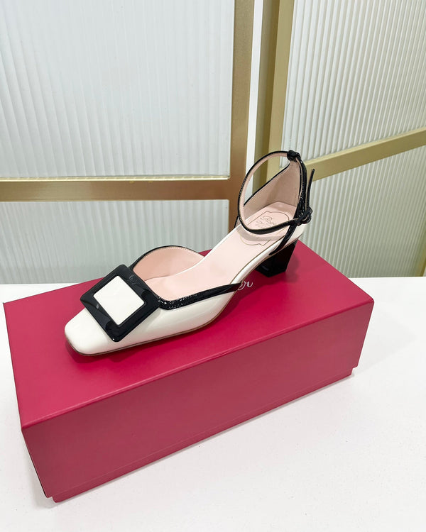 Trompette Metal Buckle Slingback Pump 45 Black White Patent Leather