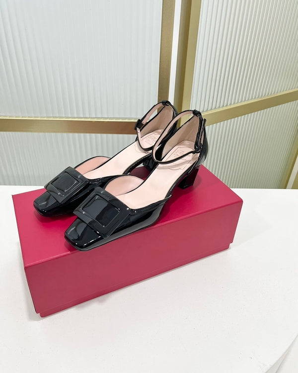 Trompette Metal Buckle Slingback Pump 45 Black Patent Leather
