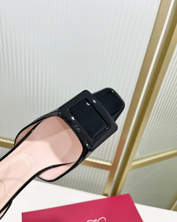 Trompette Metal Buckle Slingback Pump 45 Black Patent Leather