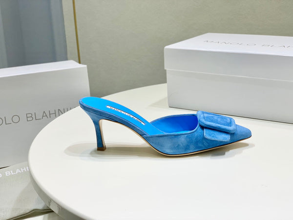 Manolo Mules 7cm Blue Suede Leather Bottom 451192