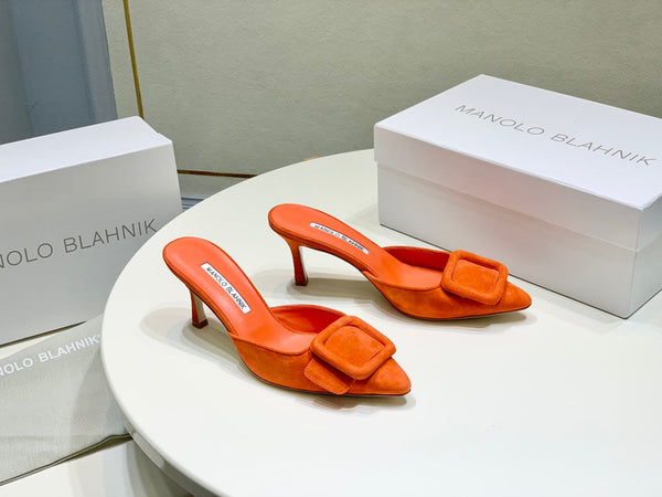 Manolo Mules 7cm Orange Suede Leather Bottom 451189