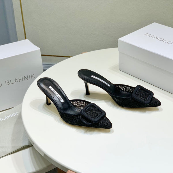 Manolo Mules 7cm Black Hollow Lace Leather Bottom 451197