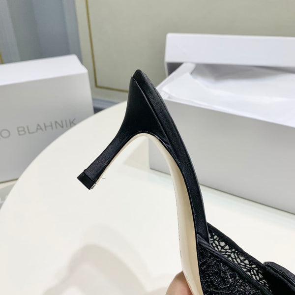 Manolo Mules 7cm Black Hollow Lace Leather Bottom 451197