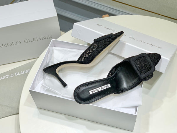 Manolo Mules 7cm Black Hollow Lace Leather Bottom 451197