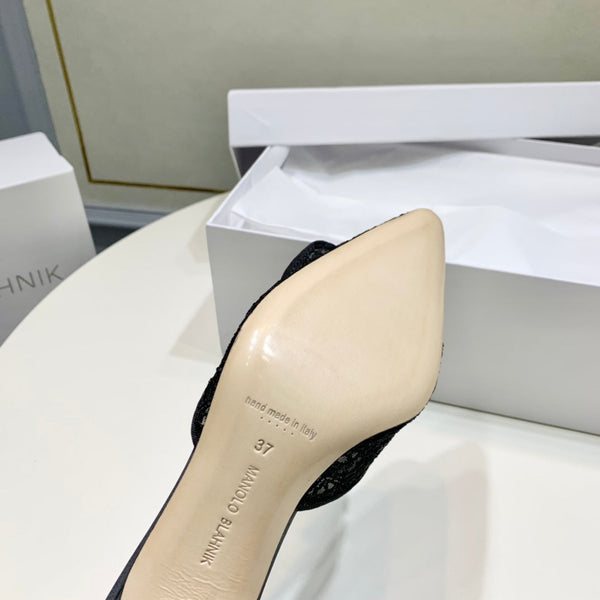 Manolo Mules 7cm Black Hollow Lace Leather Bottom 451197