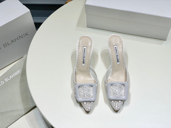 Manolo Mules 7cm White Hollow Lace Leather Bottom 451198