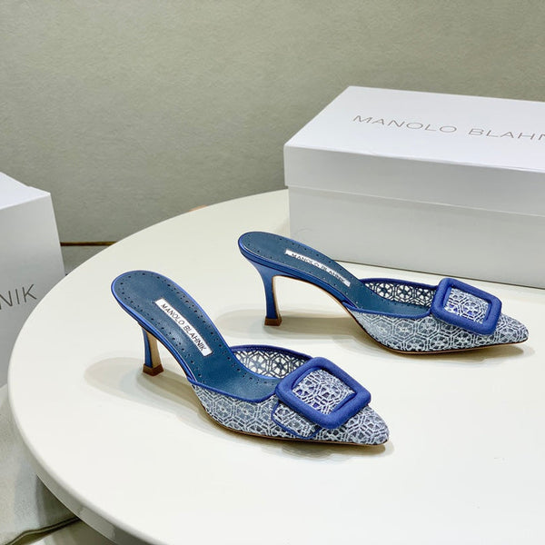Manolo Mules 7cm Blue Hollow Lace Leather Bottom 451199