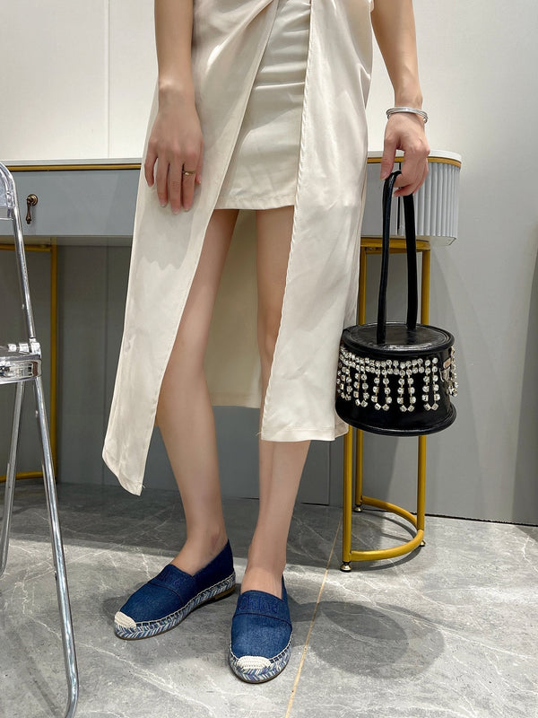 CHLOÉ LOAFERS IN NAVY BLUE FABRIC AND RAFFIA