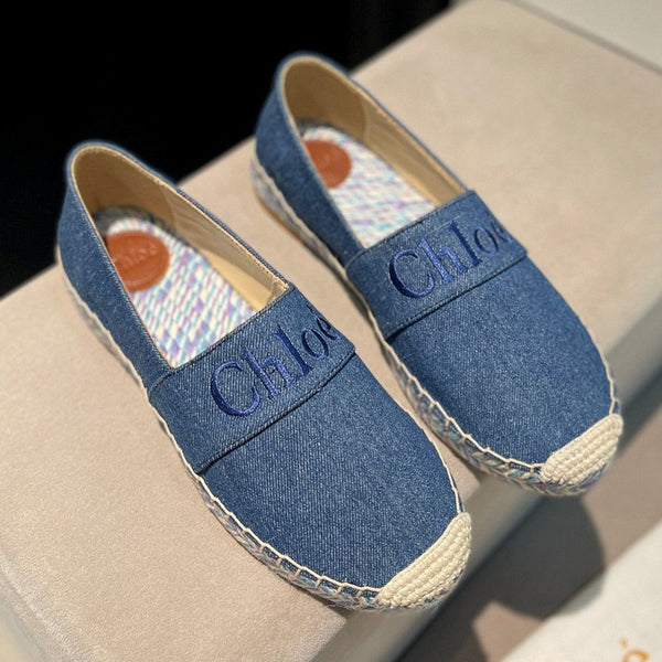 CHLOÉ LOAFERS IN NAVY BLUE FABRIC AND RAFFIA