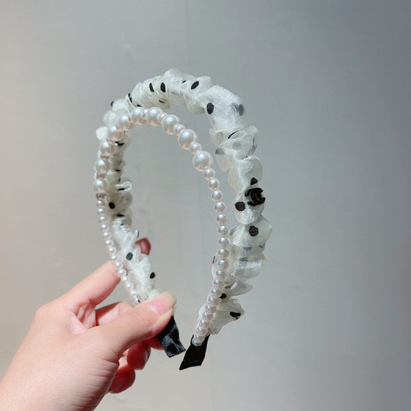 WHITE VOILE FABRIC HAIRBAND WITH PEARL CHAIN 867188