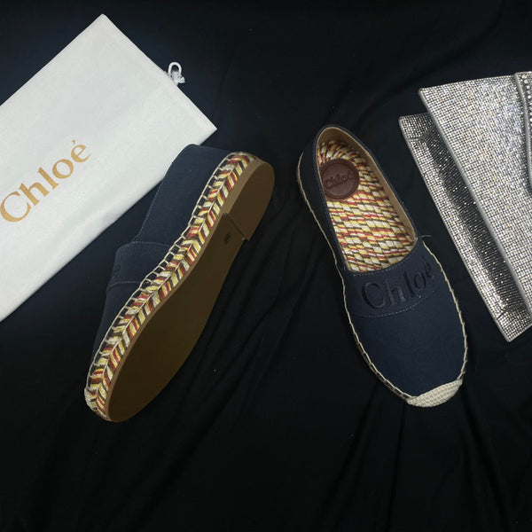 CHLOÉ WOVEN LOAFER IN BLACK DENIM AND COLORFUL RAFFIA