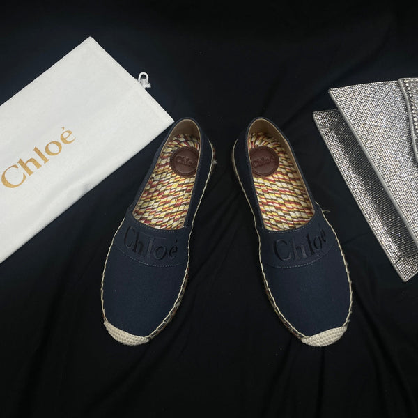 CHLOÉ WOVEN LOAFER IN BLACK DENIM AND COLORFUL RAFFIA