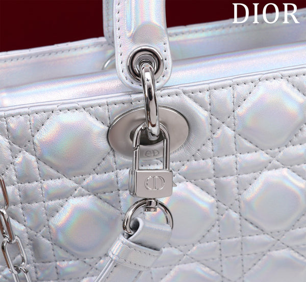 medium lady d-joy 26 silver metalic lambskin
