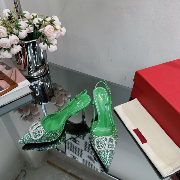 Vlogo Signature Slingback 70 in pelle di vitello verde con cristalli