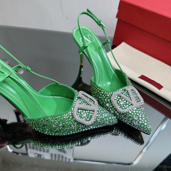 Vlogo Signature Slingback 70 in pelle di vitello verde con cristalli