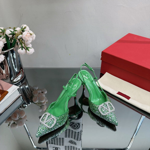 Vlogo Signature Slingback 70 in pelle di vitello verde con cristalli