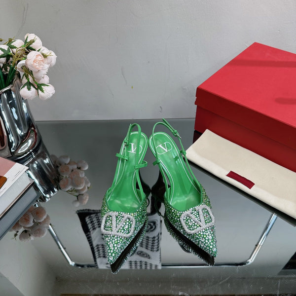 Vlogo Signature Slingback 70 in pelle di vitello verde con cristalli