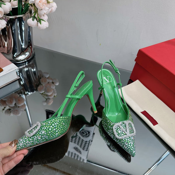 Vlogo Signature Slingback 70 in pelle di vitello verde con cristalli