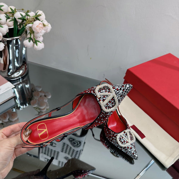 Vlogo Signature Slingback 70 in pelle di vitello nera e rossa con cristalli