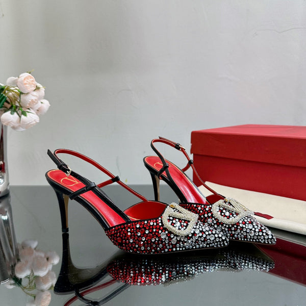 Vlogo Signature Slingback 70 in pelle di vitello nera e rossa con cristalli