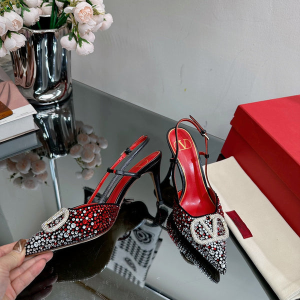 Vlogo Signature Slingback 70 in pelle di vitello nera e rossa con cristalli