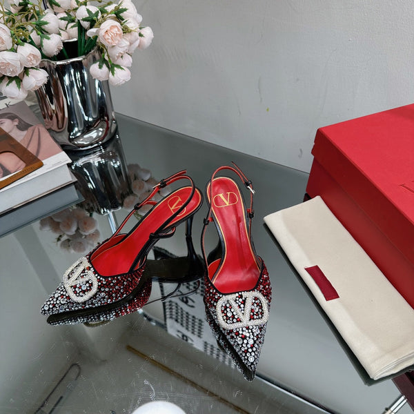 Vlogo Signature Slingback 70 in pelle di vitello nera e rossa con cristalli