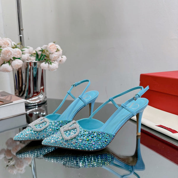 Vlogo Signature Slingback 70 in pelle di vitello blu cielo con cristalli