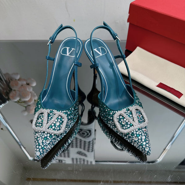 Vlogo Signature Slingback 70 in pelle di vitello blu scuro con cristalli