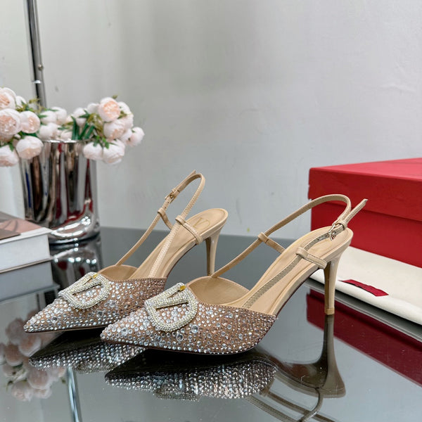 Vlogo Signature Slingback 70 in pelle di vitello beige con cristalli
