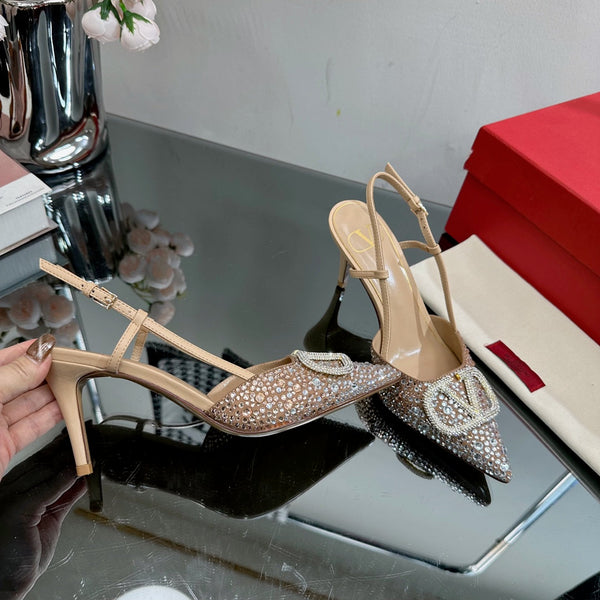 Vlogo Signature Slingback 70 in pelle di vitello beige con cristalli