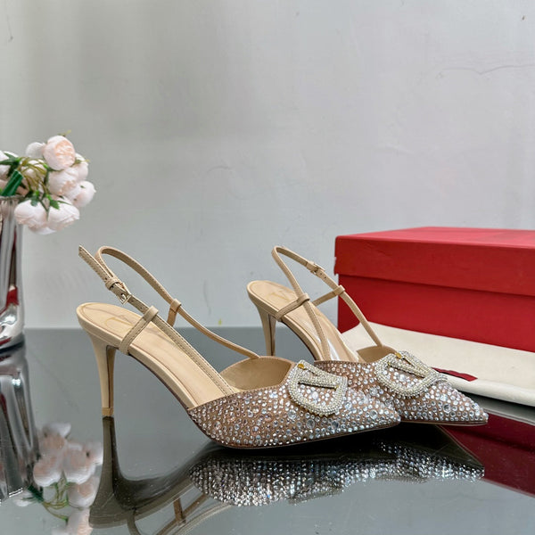 Vlogo Signature Slingback 70 in pelle di vitello beige con cristalli