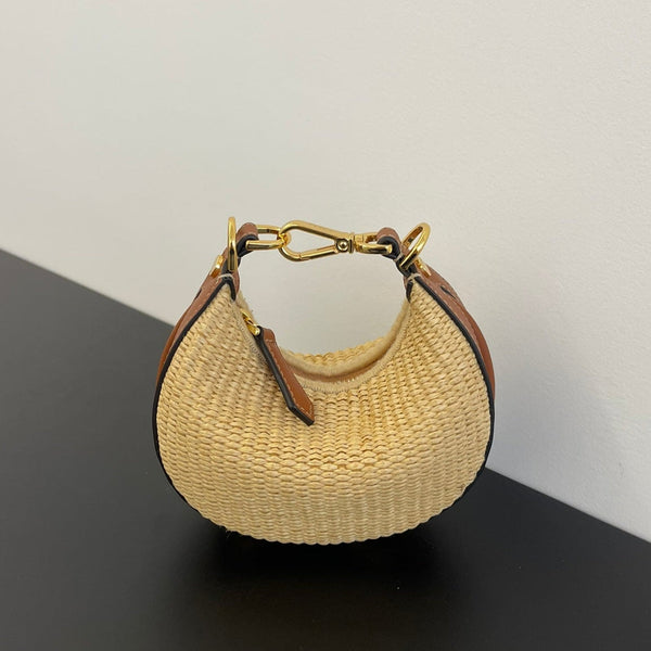 FENDIGRAPHY MINI 16 IN BEIGE STRAW AND BROWN CALFSKIN TRIM GOLD HARDWARE