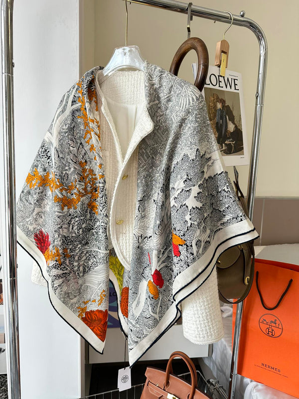 Retour A La Nature Shawl 140 CM White Black Colorful Silk