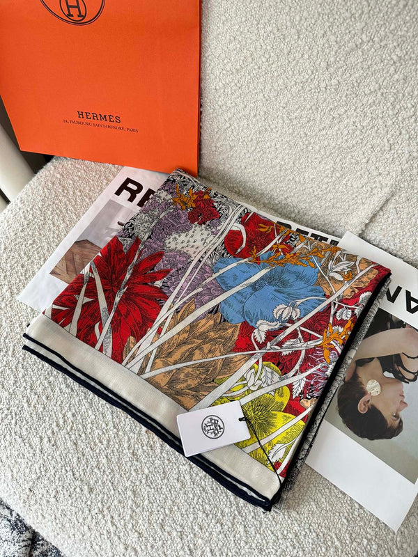 Retour A La Nature Shawl 140 CM White Black Colorful Silk