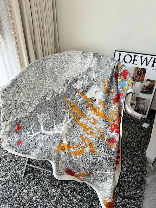 Retourala Nature Hermes Scarf 140 CM White Black Colorful Silk