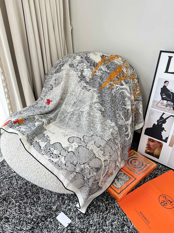 Retourala Nature Hermes Scarf 140 CM White Black Colorful Silk