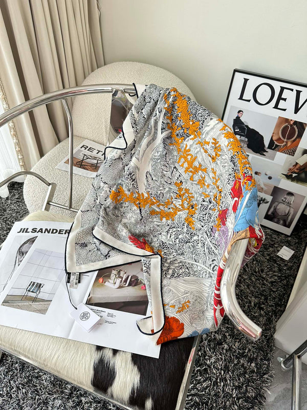 Retour A La Nature Shawl 140 CM White Black Colorful Silk