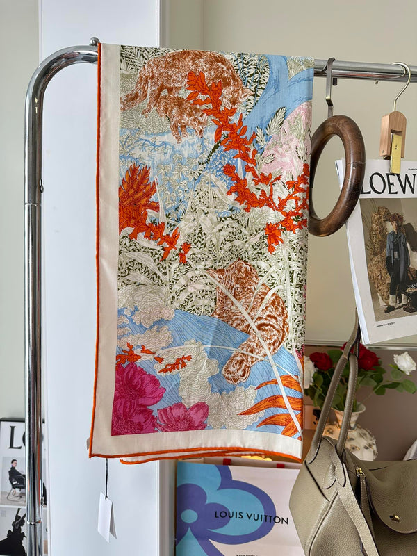 Retourala Nature Hermes Scarf 140 CM Green Gray Colorful Silk