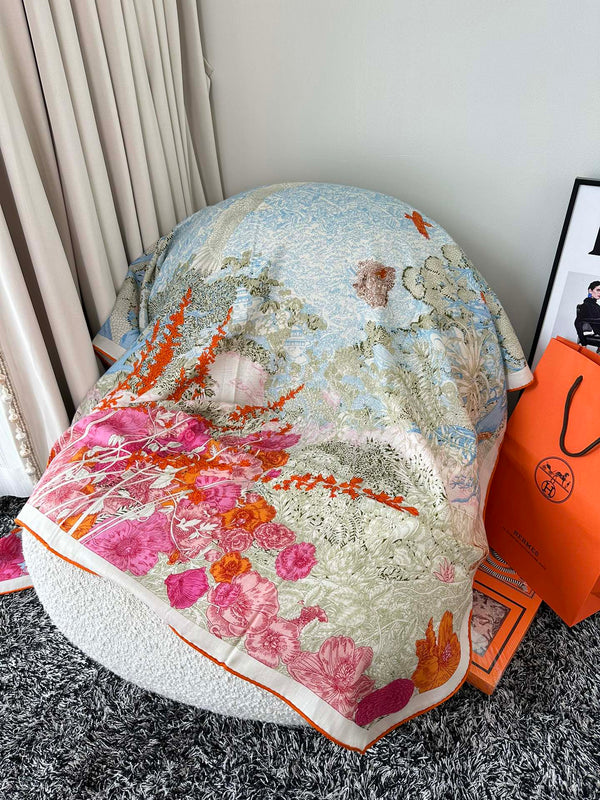 Retourala Nature Hermes Scarf 140 CM Green Gray Colorful Silk